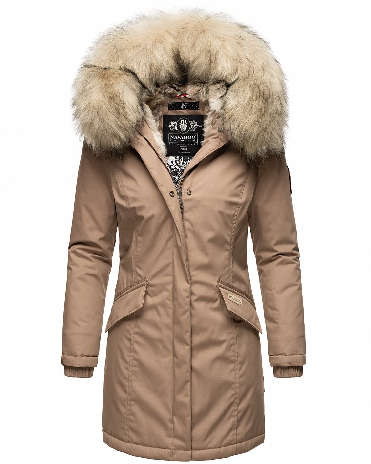 Navahoo Cristal Winterjacke Winterparka mit Kapuze & Kunstfell Taupe Gr. 40 - L