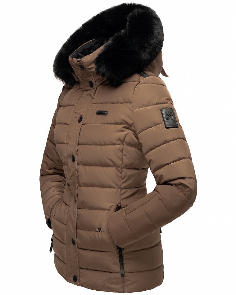 Navahoo Milianaa Damen Winter Steppjacke gefüttert Kapuze mit Kunstfell Taupe Gr. 36 - S