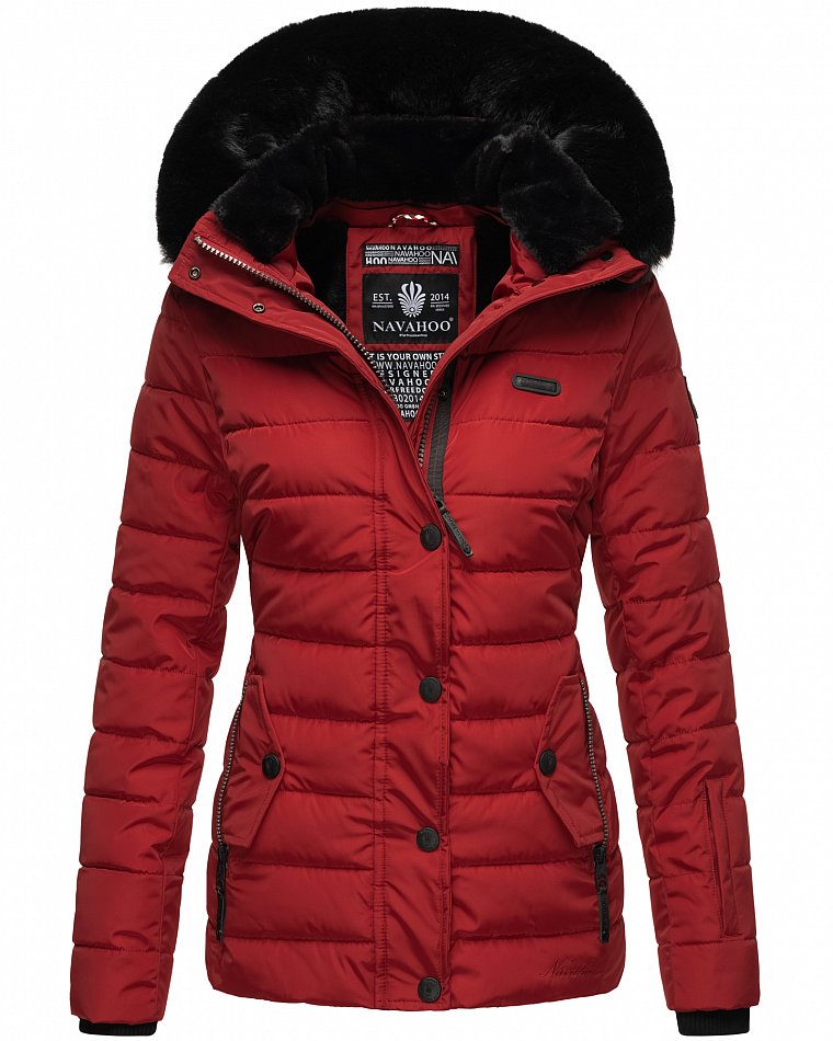 Navahoo Milianaa Damen Winter Steppjacke gefüttert Kapuze mit Kunstfell Rot Gr. 38 - M