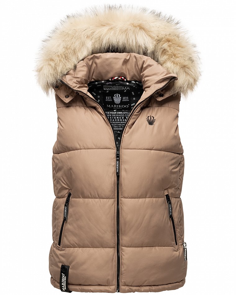 Marikoo Eisflöckchen Damen Winter Steppweste mit Kunstfell Taupe Gr. 38 - M