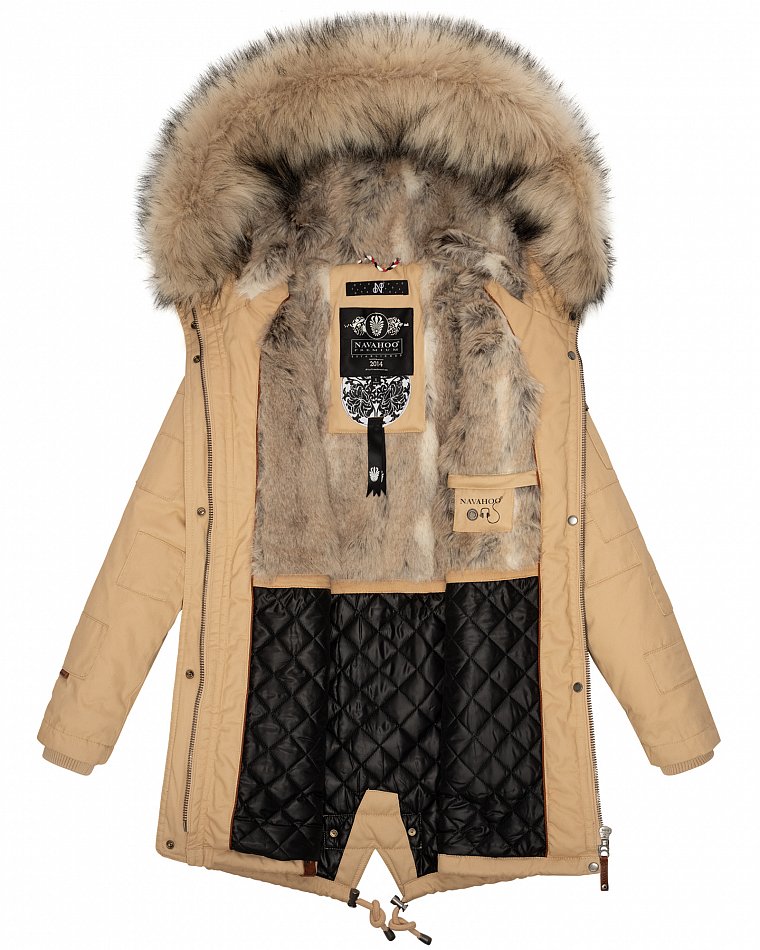 Navahoo Honigfee Damen Winterjacke Parka mit Kunstfell  & Kapuze Beige Gr. 36 - S