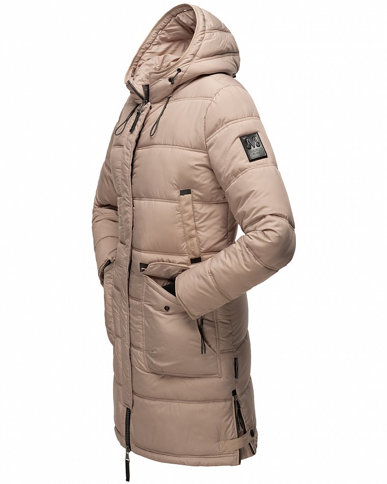 Marikoo Chaskaa Damen Winter Steppmantel Parka mit Kapuze & Kunstfell Taupe Gr. 40 - L