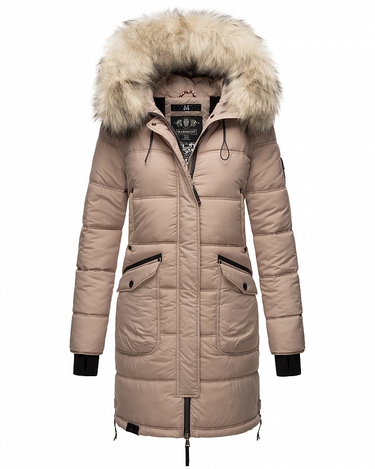 Marikoo Chaskaa Damen Winter Steppmantel Parka mit Kapuze & Kunstfell Taupe Gr. 40 - L