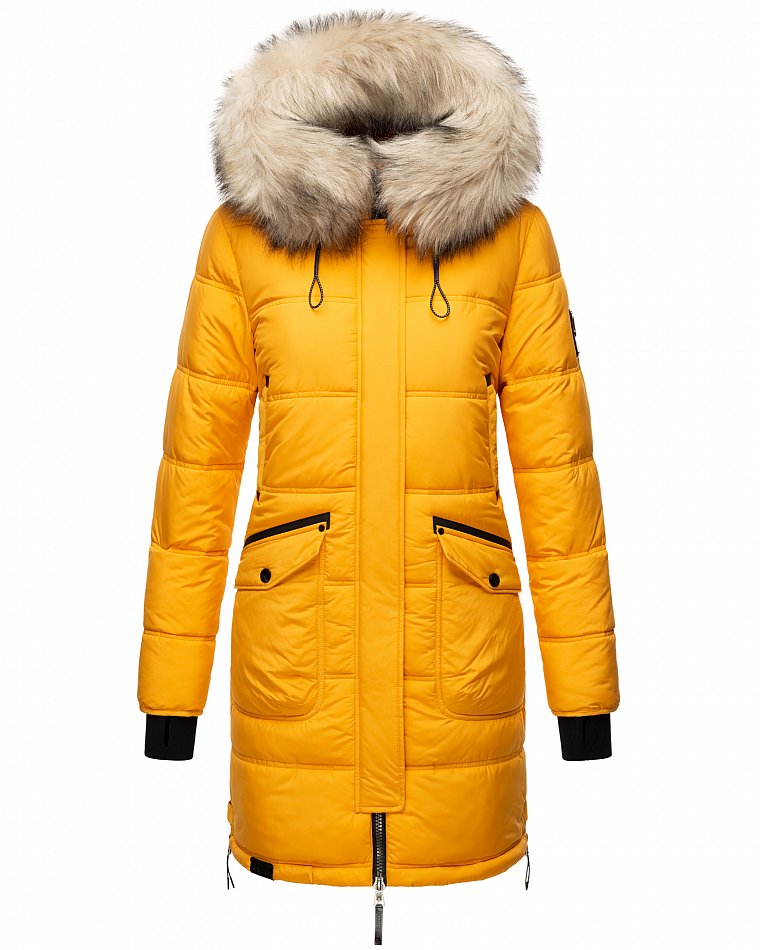 Marikoo Chaskaa Damen Winter Steppmantel Parka mit Kapuze & Kunstfell Gelb Gr. 38 - M