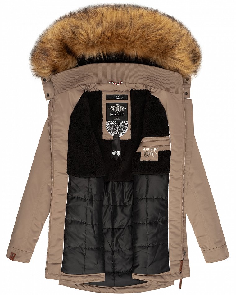 Marikoo Sanakoo Damen Winterjacke Parka mit Kapuze Taupe Gr. 36 - S