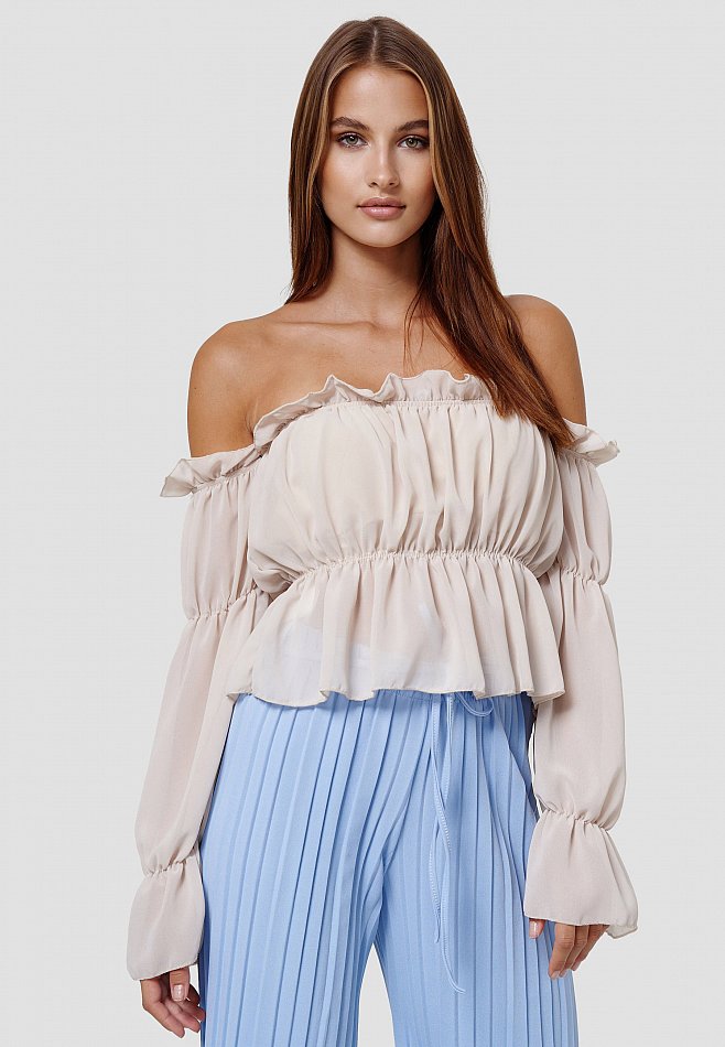 Damen Süßes Sommer schulterfreies Top im bauchfreien Carmen Look Beige RS20