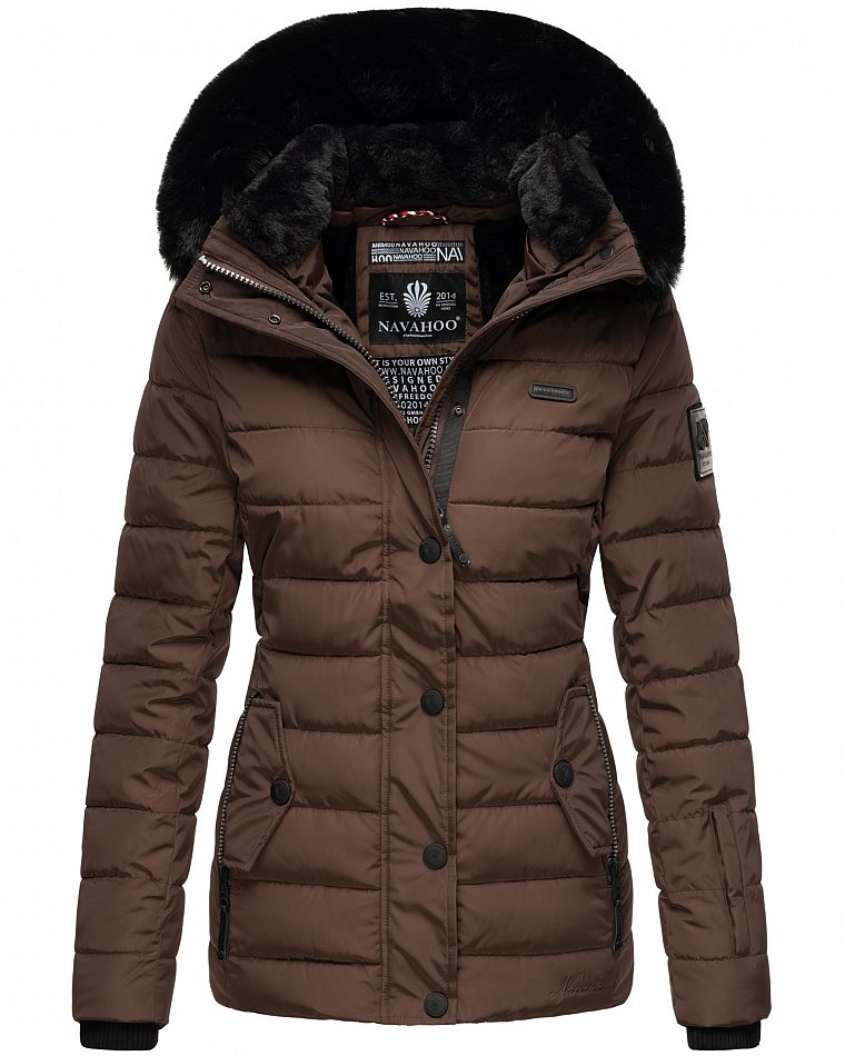 Navahoo Milianaa Damen Winter Steppjacke gefüttert Kapuze mit Kunstfell Schoko Gr. 34 - XS
