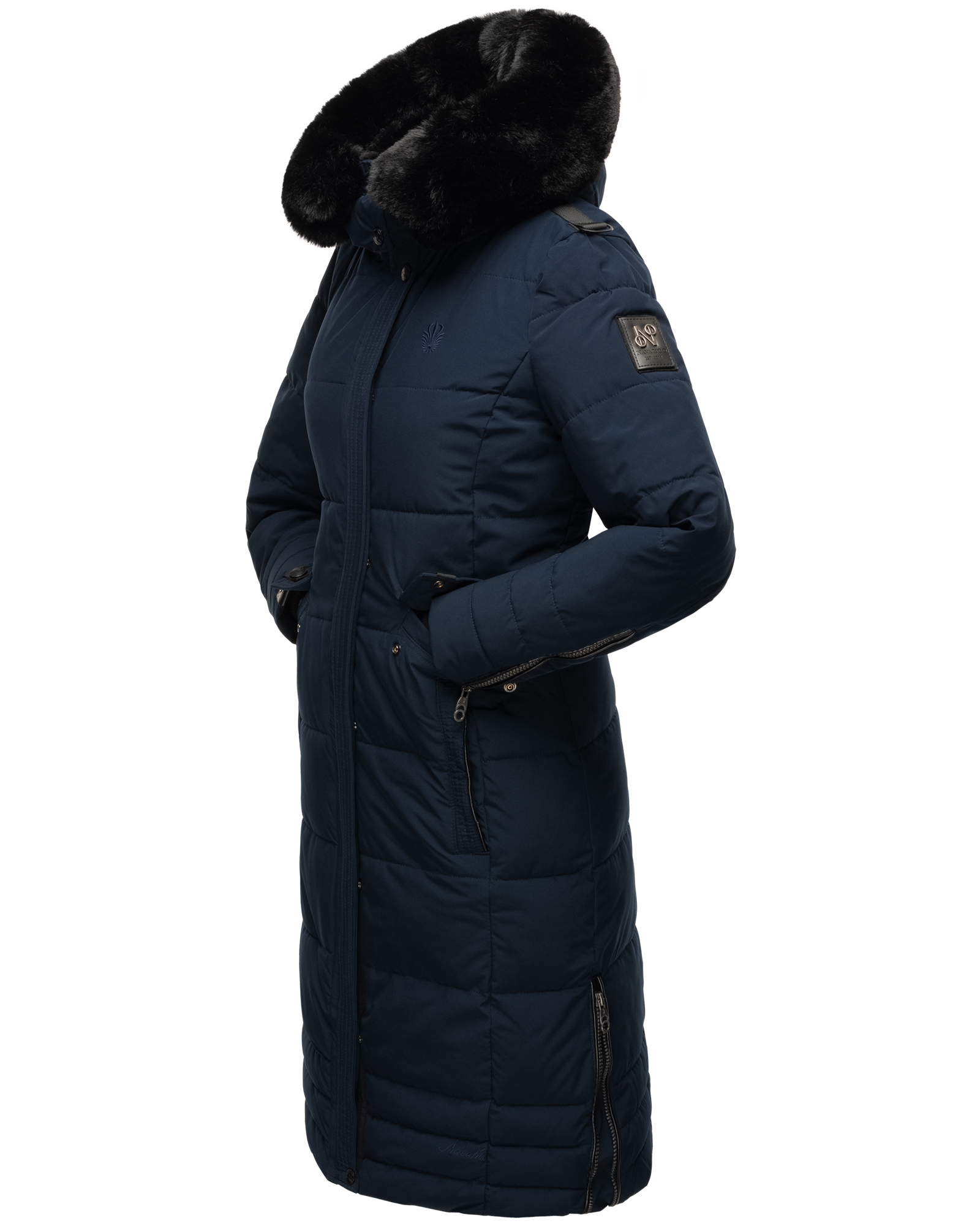 Navahoo Fahmiyaa Damen lange Winterjacke Mantel mit Kapuze Navy Gr. 38 - M