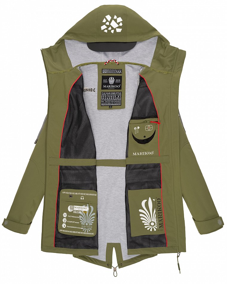 Marikoo Wasserfeste Damen Softshell Übergangsjacke mit Kapuze und Reflektoren Ulissaa Olive Gr. 46 - XXXL