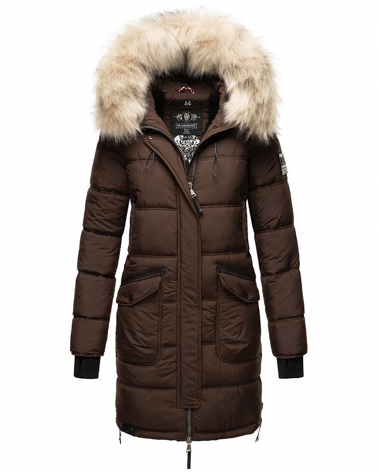 Marikoo Chaskaa Damen Winter Steppmantel Parka mit Kapuze & Kunstfell Schoko Gr. 40 - L