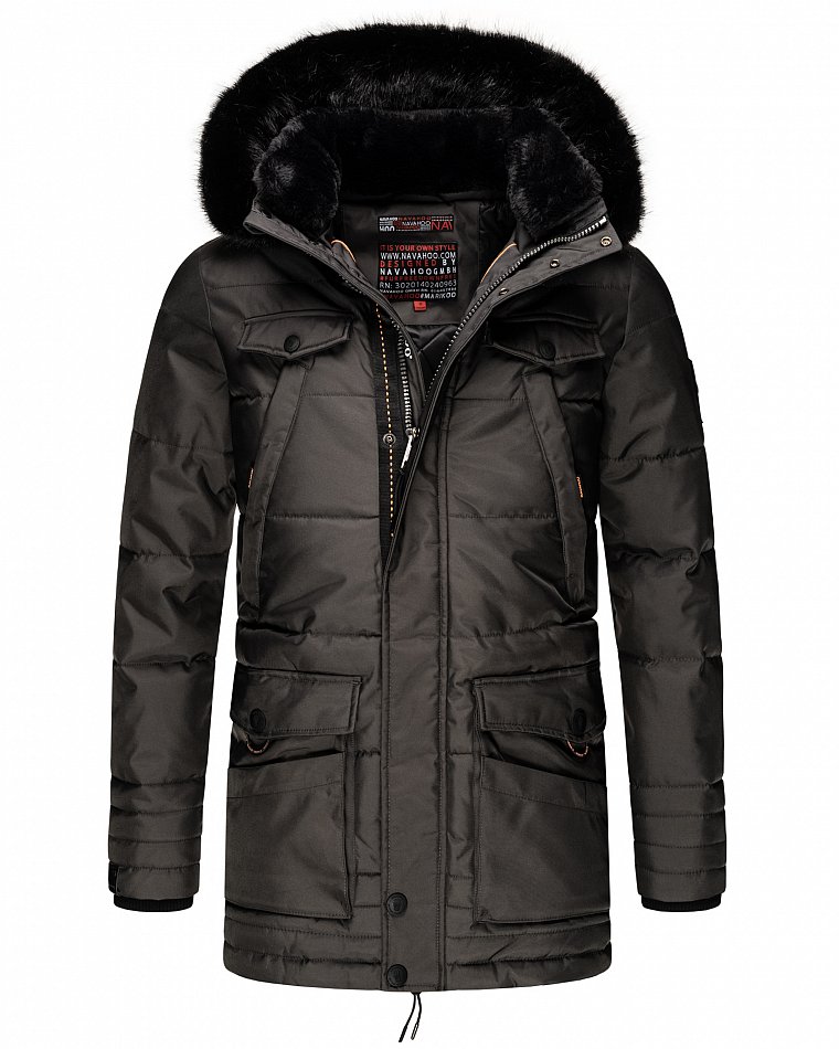 Navahoo Luaan Herren Wintermantel Parka mit Kunstfell & Kapuze Anthrazit Gr. S