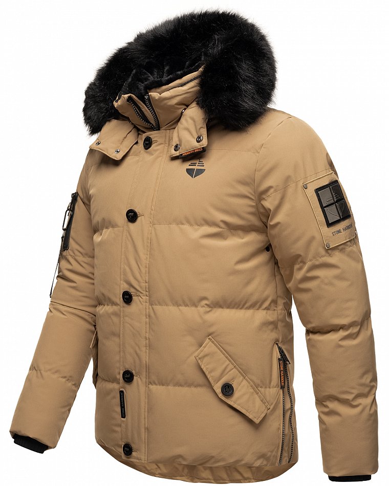 Stone Harbour Halvaar Herren Winterjacke gesteppt Braun mit Schwarzem Kunstfell Gr. 50 - L