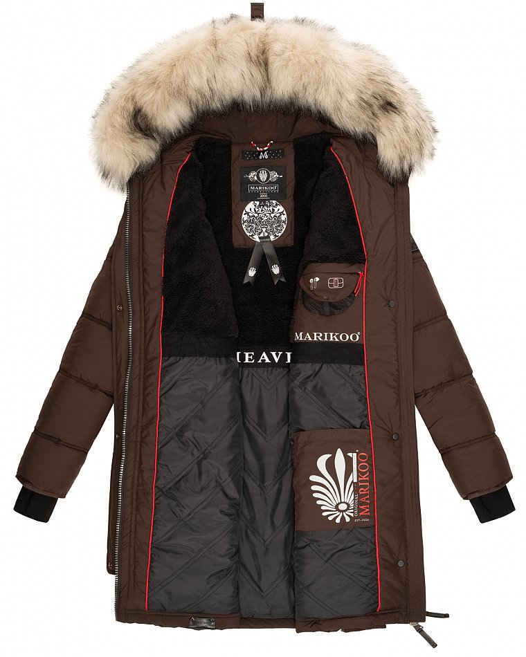 Marikoo Chaskaa Damen Winter Steppmantel Parka mit Kapuze & Kunstfell Schoko Gr. 40 - L
