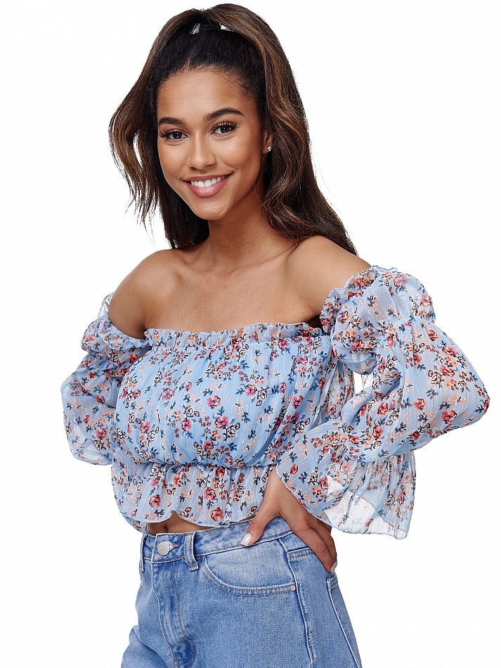 Damen Shoulder Carmen Top mit floralem Print Blau Einheitsgröße Gr. 34 - 38 RS02