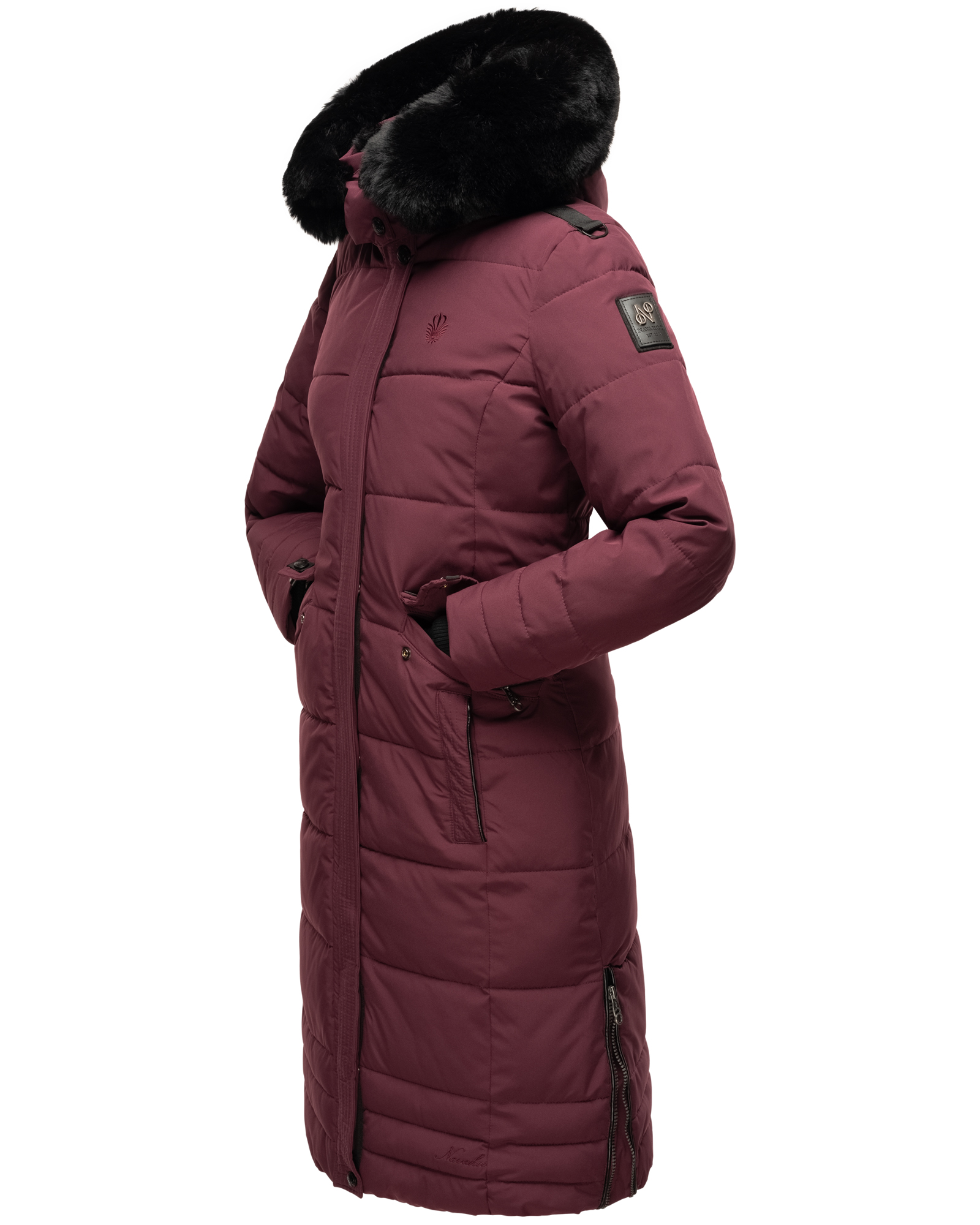 Navahoo Fahmiyaa Damen lange Winterjacke Mantel mit Kapuze Weinrot Gr. 38 - M