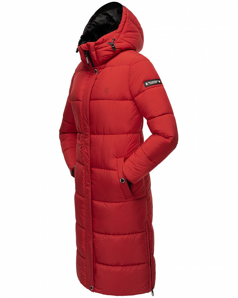 Marikoo langer Damen Winter Steppmantel mit Kapuze und Teddyfell Futter Reliziaa Rot Gr. 36 - S