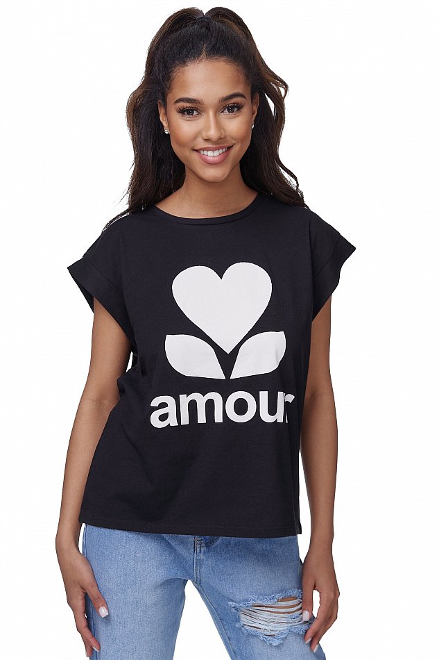 Damen Casual Kurzarm T-Shirt mit Amour Print Schwarz Einheitsgröße RS01