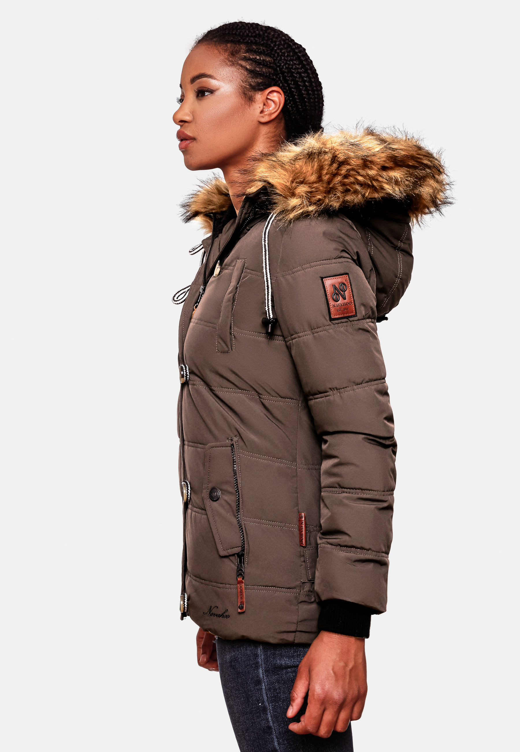Navahoo Zoja Damen Winterjacke Steppjacke mit abnehmbarem Kunstfell Schoko 34 - XS