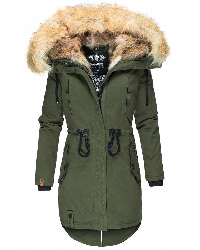 Navahoo Bombii Damen Wintermantel Parka mit Kunstfell & Kapuze Olive Gr. 38 - M