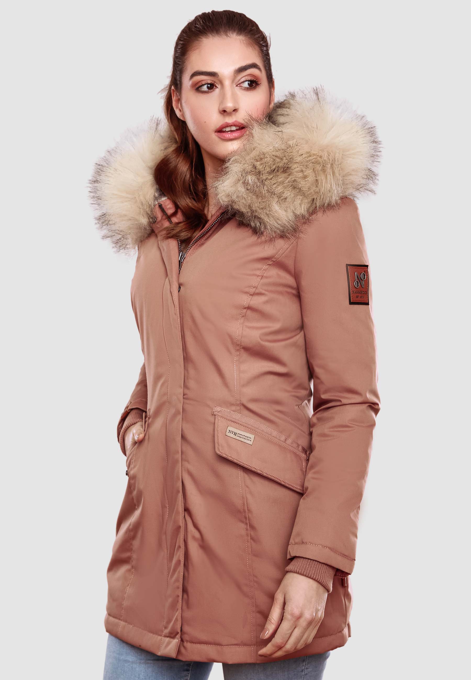 Navahoo Cristal Winterjacke Winterparka mit Kapuze & Kunstfell Terracotta Gr. 42 - XL