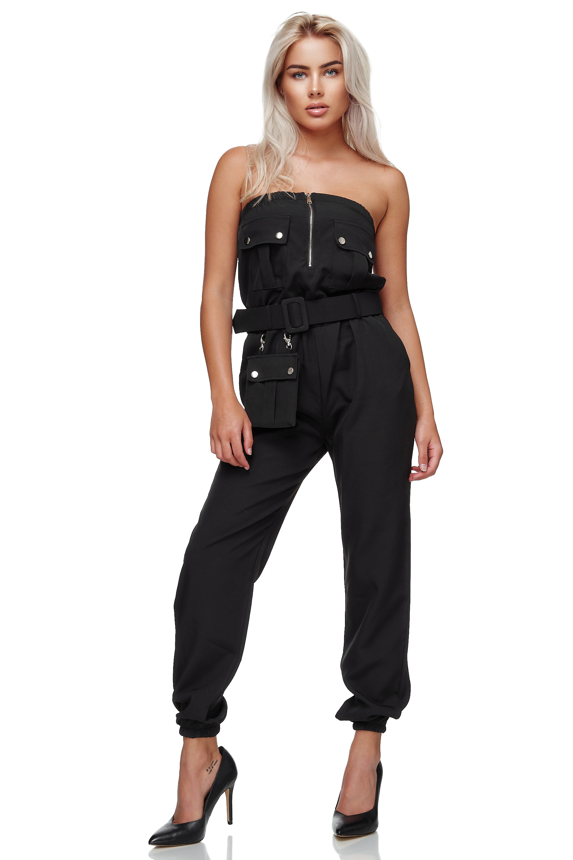 Sexy schulterfreier Damen Overall mit Gürtel und Tasche RS10 Schwarz Einheitsgröße 34-38