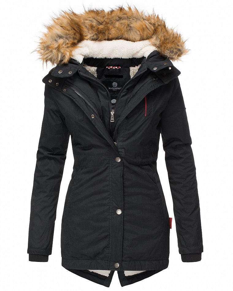 Marikoo Akira Damen Winter Jacke Parka Gefüttert mit Kapuze Schwarz Gr. 40 - L