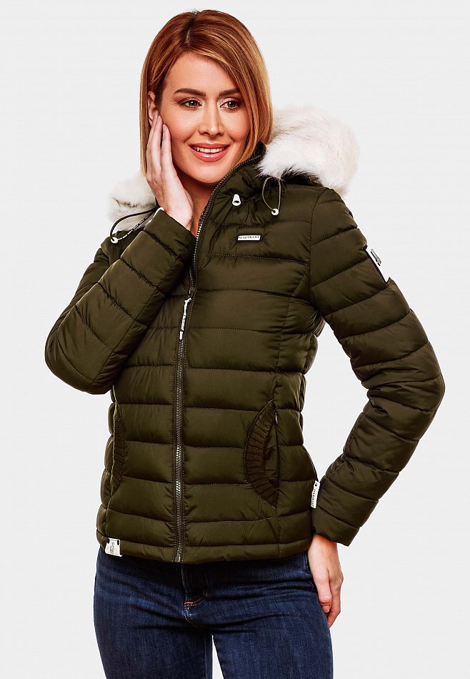 Marikoo Nasriin Damen Übergangsjacke Steppjacke mit Kunstfell Olive Gr. 36 - S