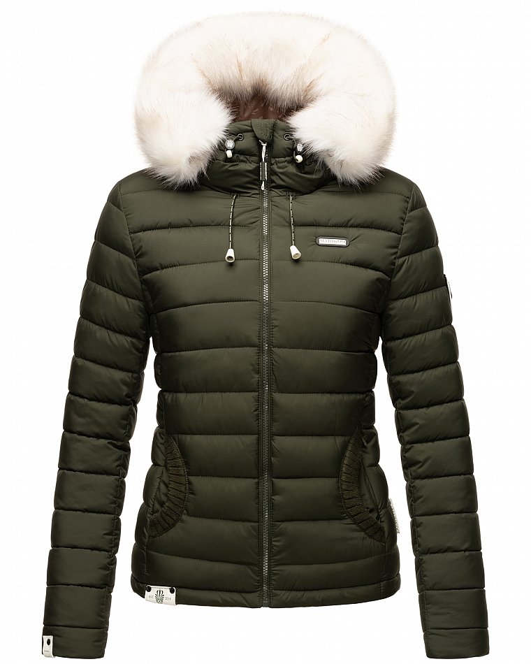 Marikoo Nasriin Damen Übergangsjacke Steppjacke mit Kunstfell Olive Gr. 34 - XS