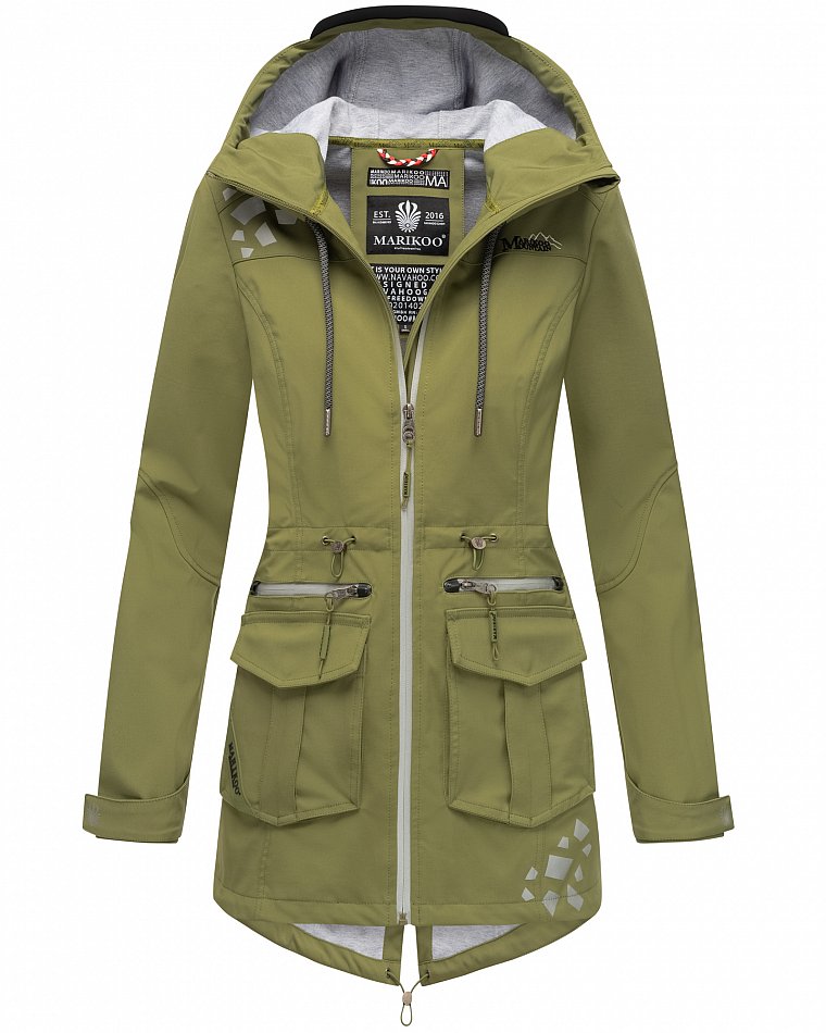 Marikoo Wasserfeste Damen Softshell Übergangsjacke mit Kapuze und Reflektoren Ulissaa Olive Gr. 36 - S