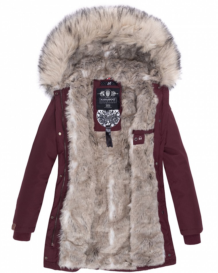 Navahoo Cristal Winterjacke Winterparka mit Kapuze & Kunstfell Weinrot Gr. 38 - M