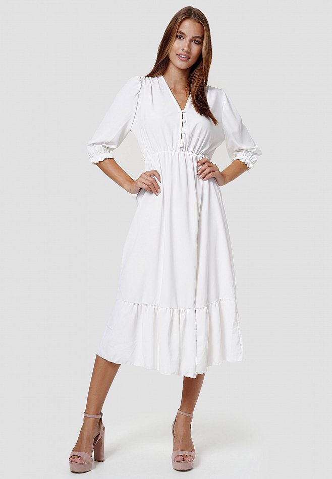 Damen Maxi Rüschen Kleid mit Schlitz Weiß Einheitsgröße RS15