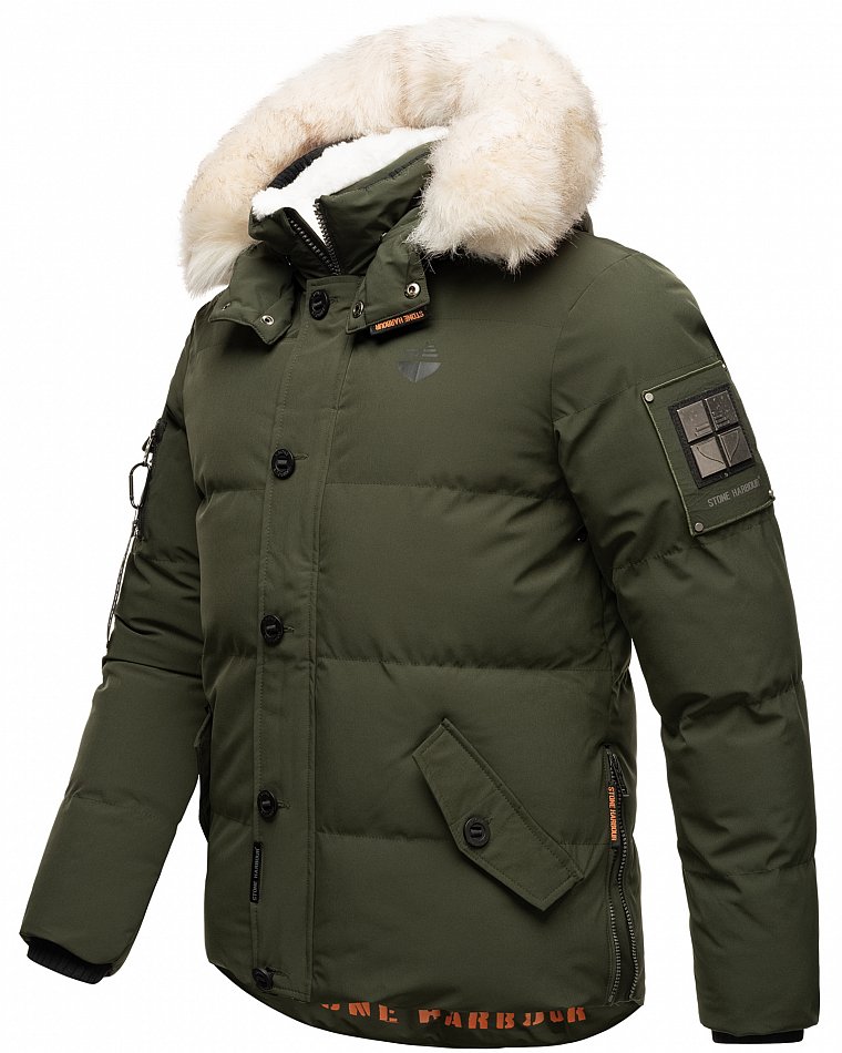 Stone Harbour Halvaar Herren Winterjacke gesteppt Olive mit Weißem Kunstfell Gr. 48 - M