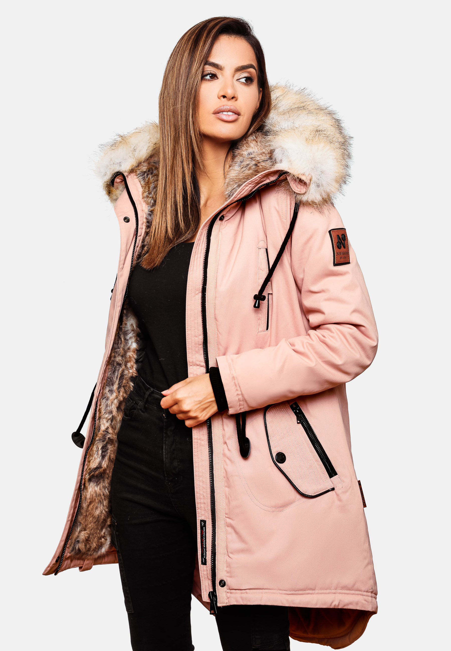 Navahoo Bombii Damen Wintermantel Parka mit Kunstfell & Kapuze Rosa Gr. 40 - L