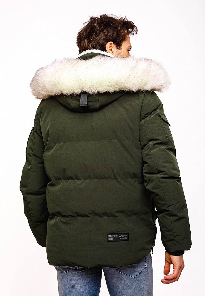 Stone Harbour Halvaar Herren Winterjacke gesteppt Olive mit Weißem Kunstfell Gr. 46 - S