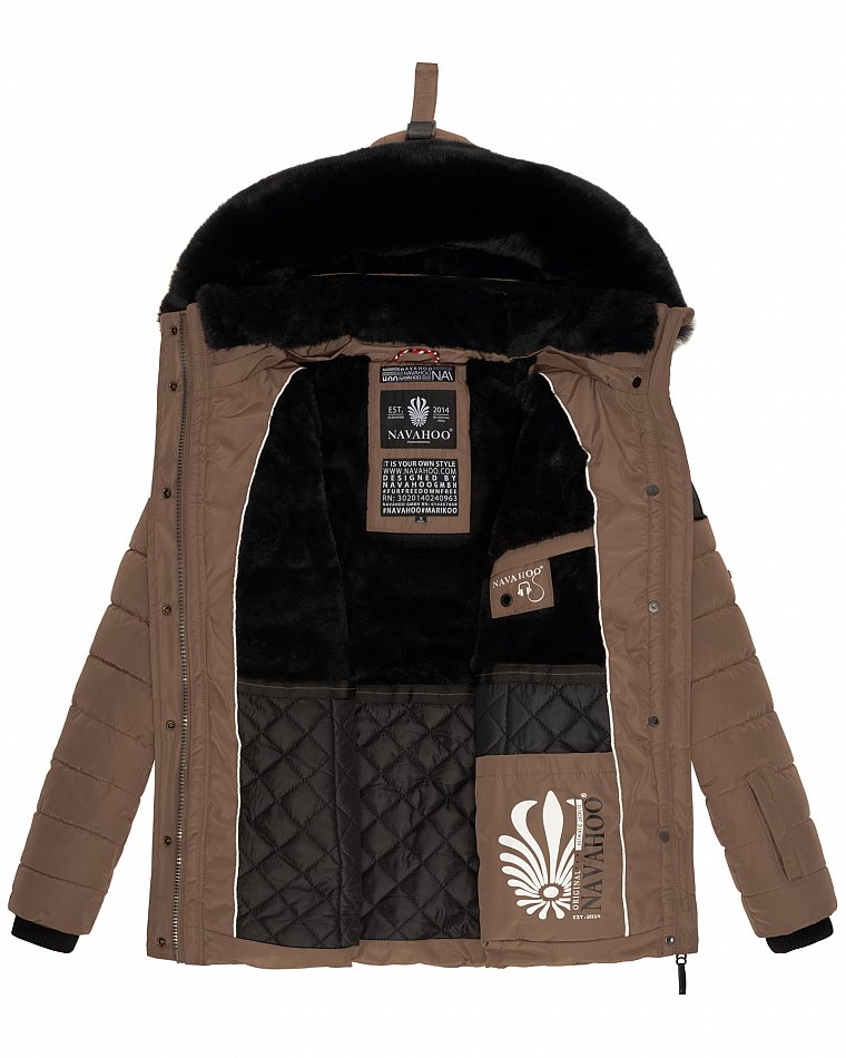 Navahoo Milianaa Damen Winter Steppjacke gefüttert Kapuze mit Kunstfell Taupe Gr. 34 - XS