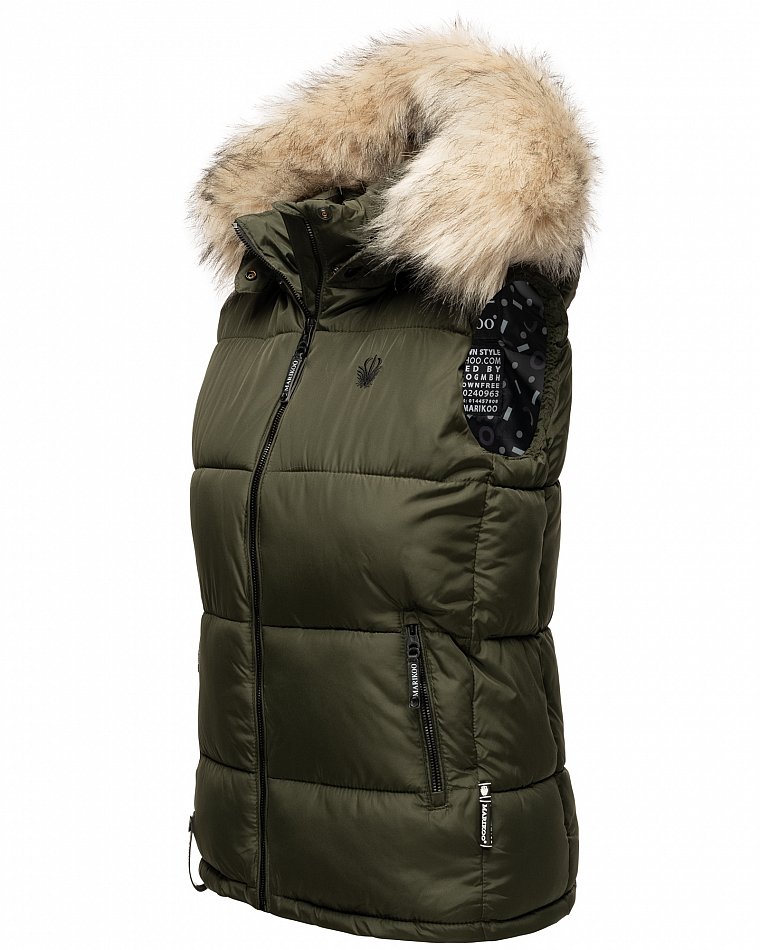 Marikoo Eisflöckchen Damen Winter Steppweste mit Kunstfell Olive Gr. 38 - M