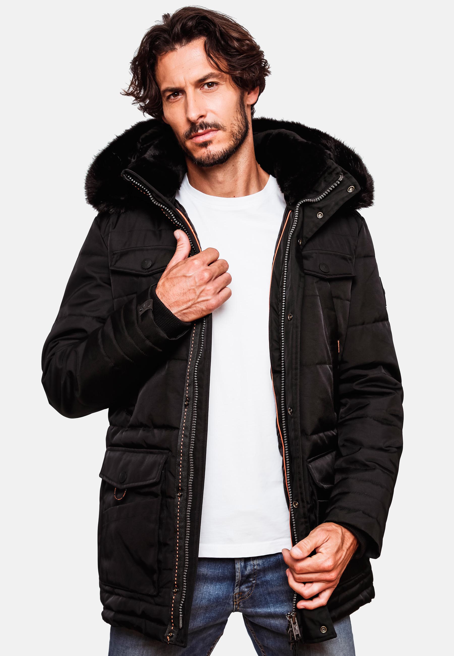 Navahoo Luaan Herren Wintermantel Parka mit Kunstfell & Kapuze Schwarz Gr. S