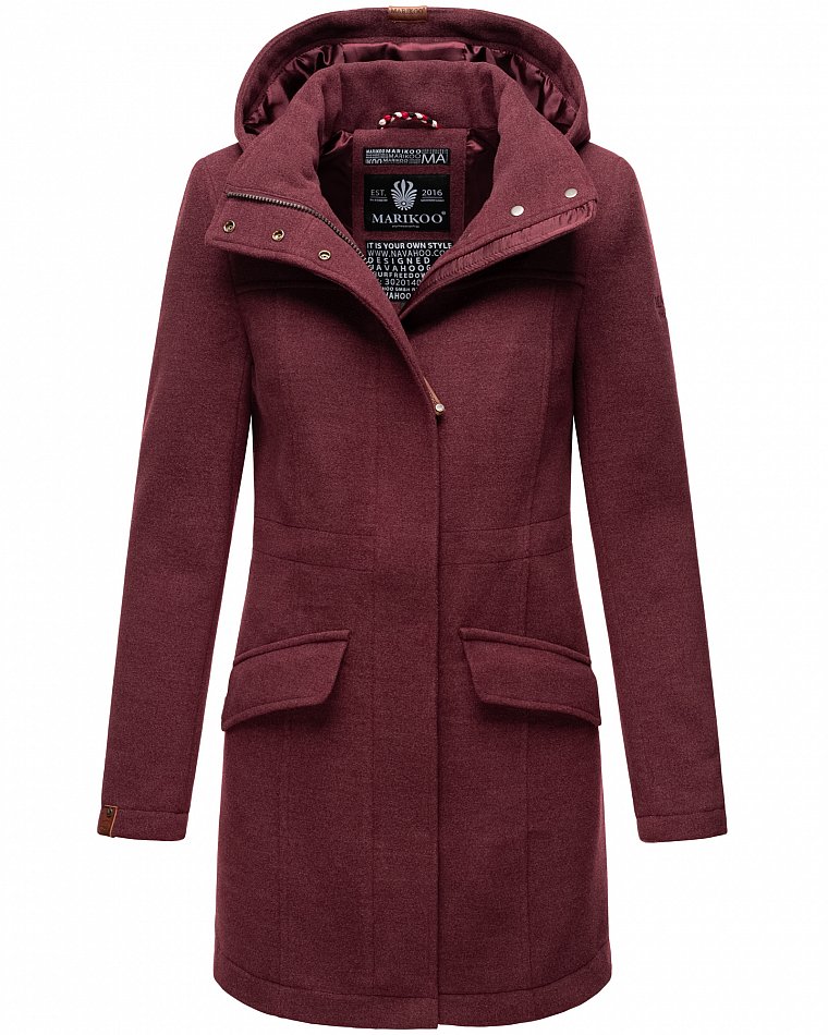 Marikoo Leilaniaa Damen Trenchcoat Winter Mantel mit Kapuze Bordeaux Melange Gr. 34 - XS
