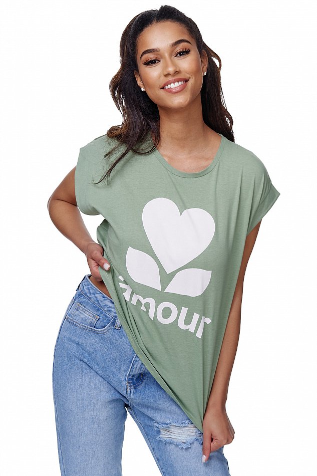 Damen Casual Kurzarm T-Shirt mit Amour Print Mint Einheitsgröße RS01