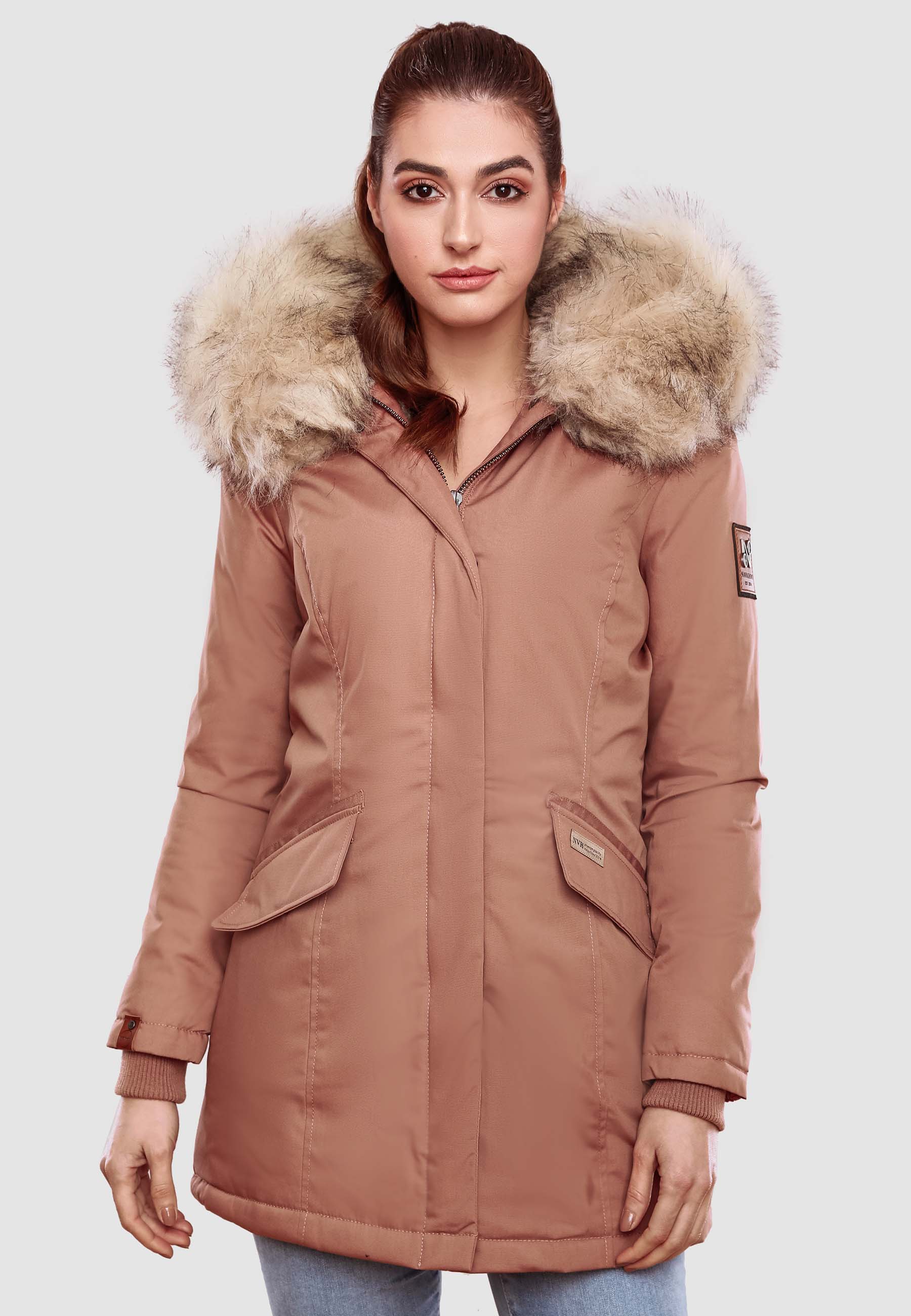 Navahoo Cristal Winterjacke Winterparka mit Kapuze & Kunstfell Terracotta Gr. 42 - XL