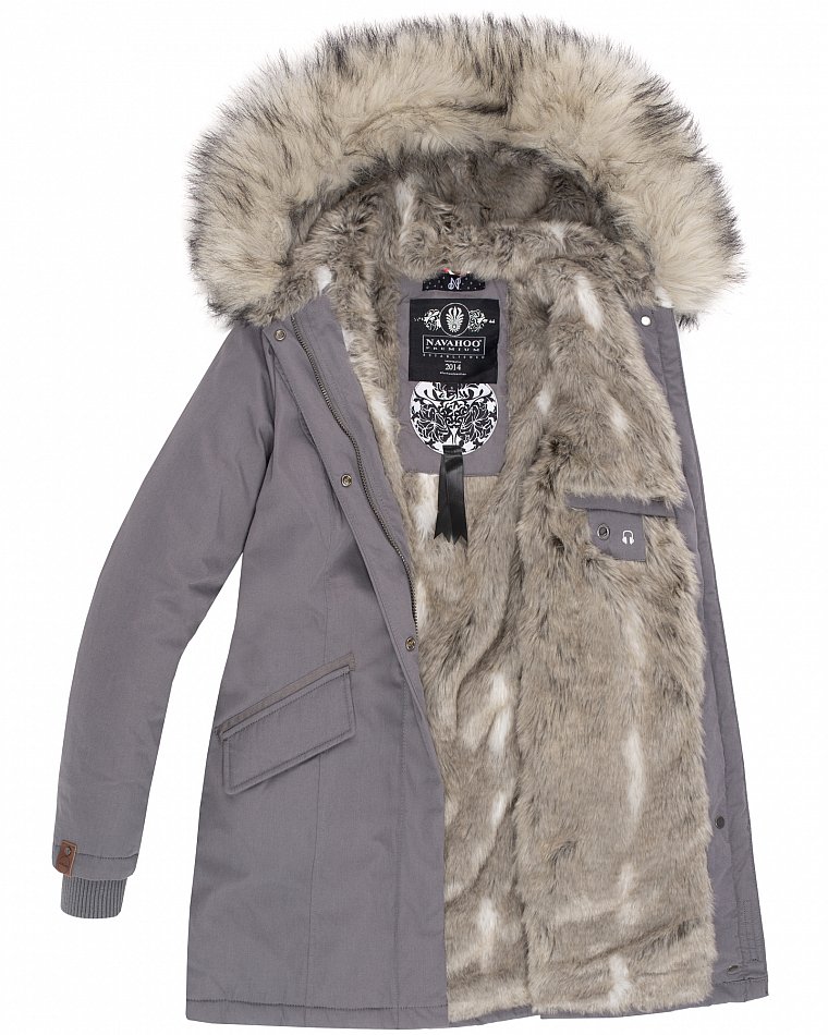 Navahoo Cristal Winterjacke Winterparka mit Kapuze & Kunstfell Grau Gr. S - 36
