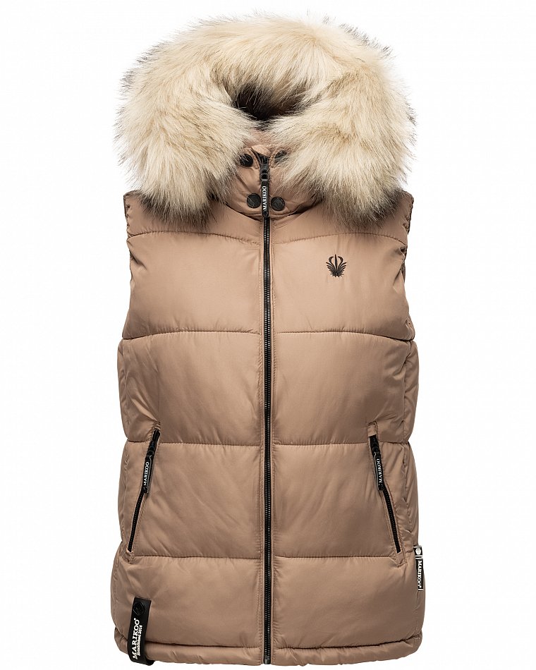 Marikoo Eisflöckchen Damen Winter Steppweste mit Kunstfell Taupe Gr. 38 - M