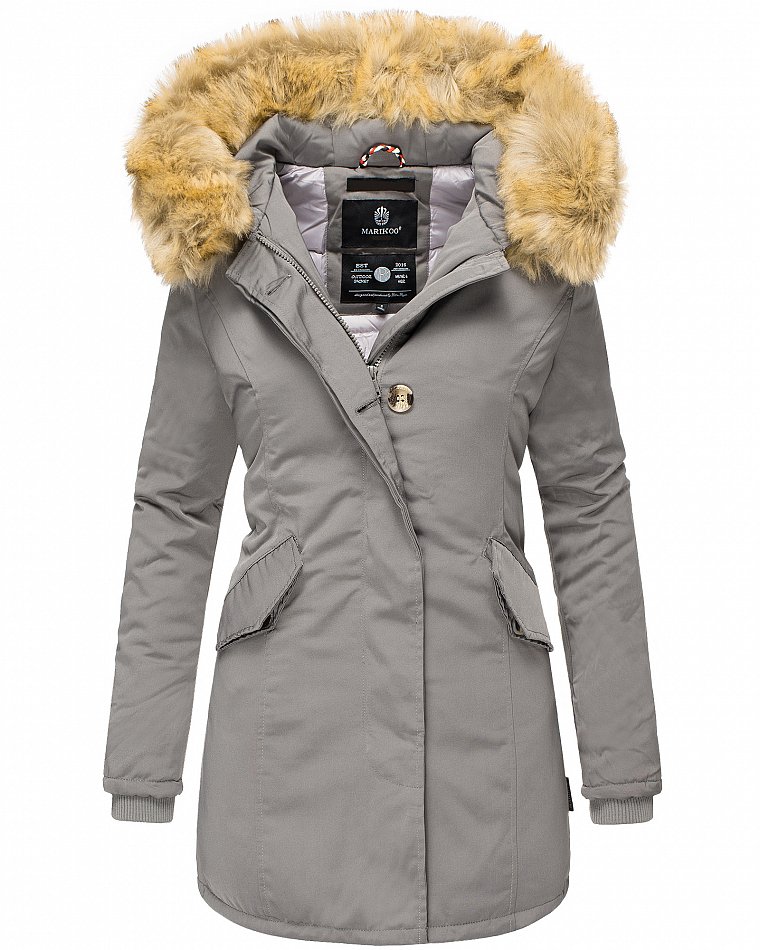Marikoo Karmaa Eleganter Damen Winter Parka mit Kunstpelz und Kapuze Grau Gr. 36 - S