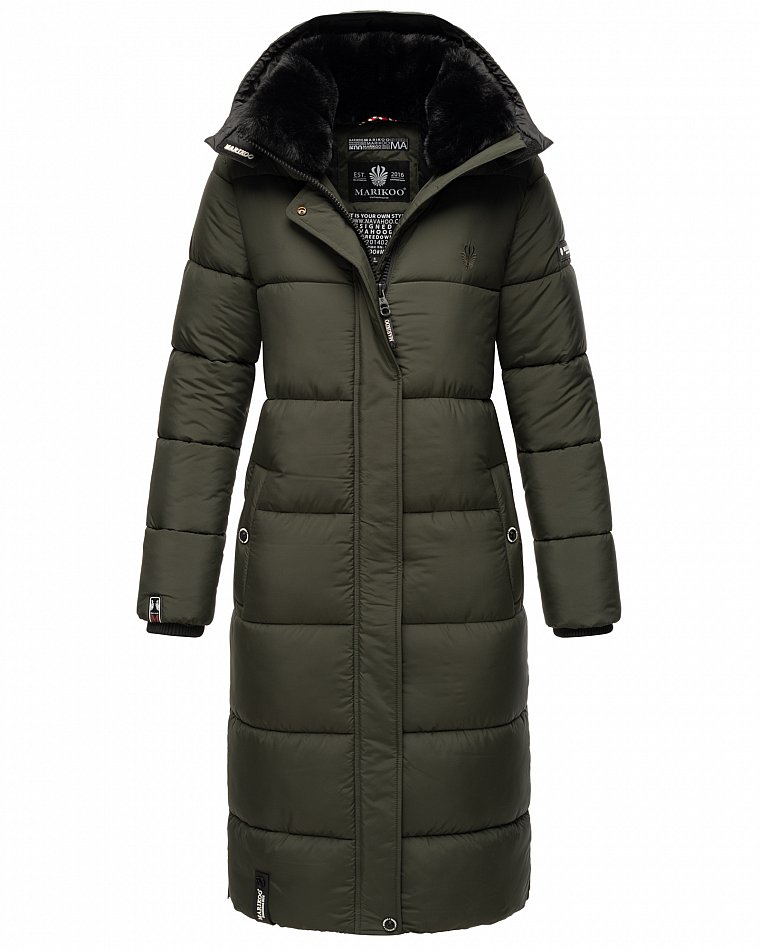 Marikoo langer Damen Winter Steppmantel mit Kapuze und Teddyfell Futter Reliziaa Dark Olive Gr. 38 - M