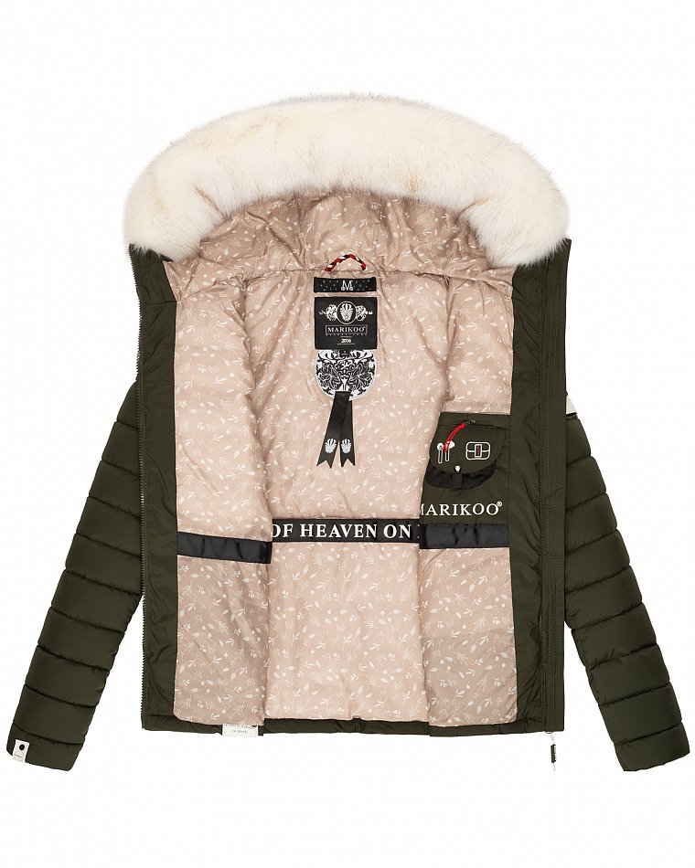 Marikoo Nasriin Damen Übergangsjacke Steppjacke mit Kunstfell Olive Gr. 34 - XS
