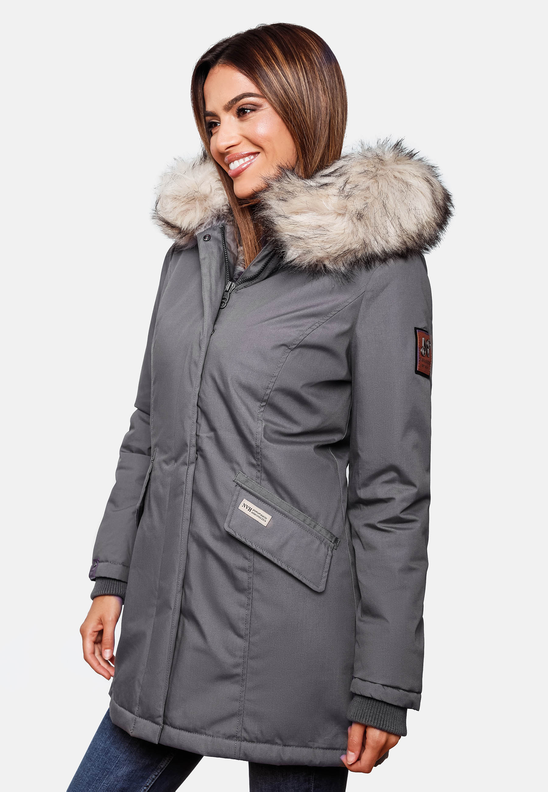 Navahoo Cristal Winterjacke Winterparka mit Kapuze & Kunstfell Grau Gr. M - 38