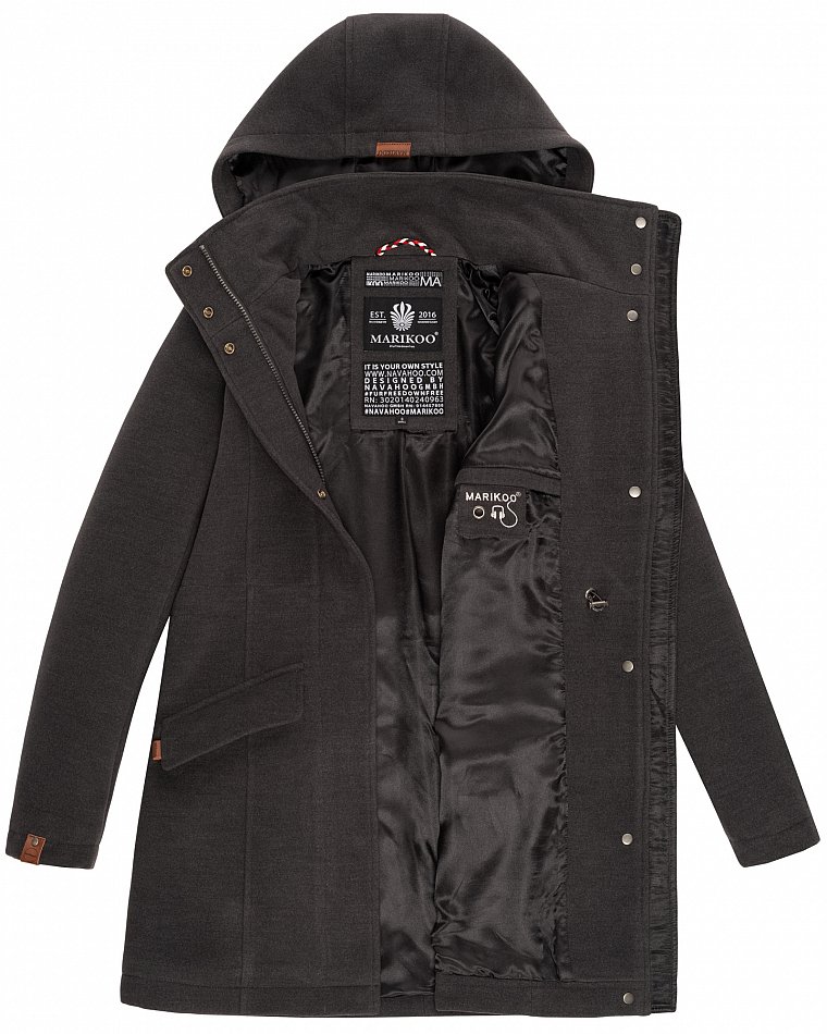 Marikoo Leilaniaa Damen Trenchcoat Winter Mantel mit Kapuze Anthrazit Gr. 34 - XS