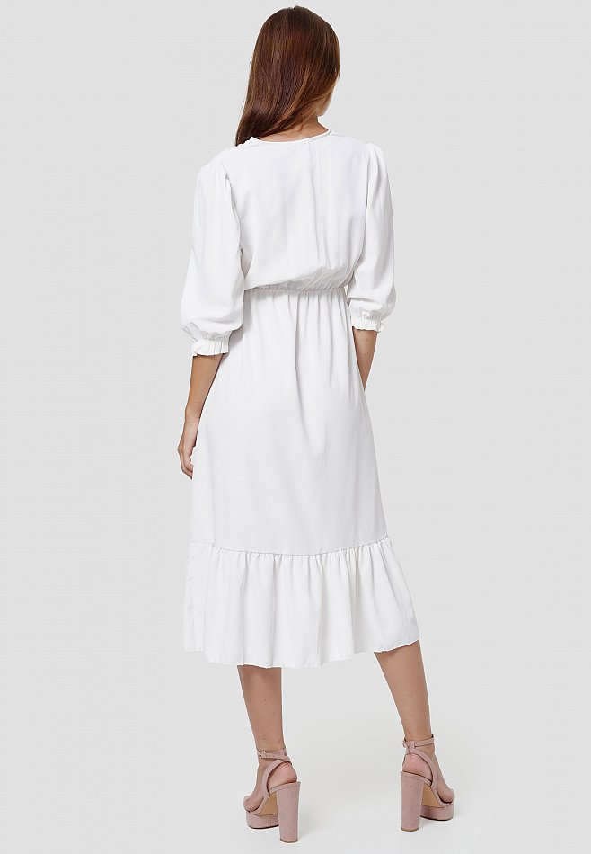 Damen Maxi Rüschen Kleid mit Schlitz Weiß Einheitsgröße RS15