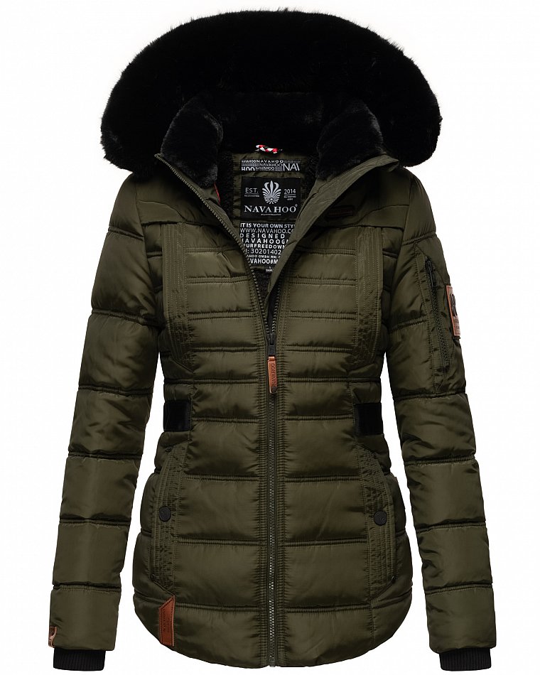 Navahoo Melikaa Damen Winterjacke Steppjacke mit Kunstfellkragen Olive Gr. 42 - XL