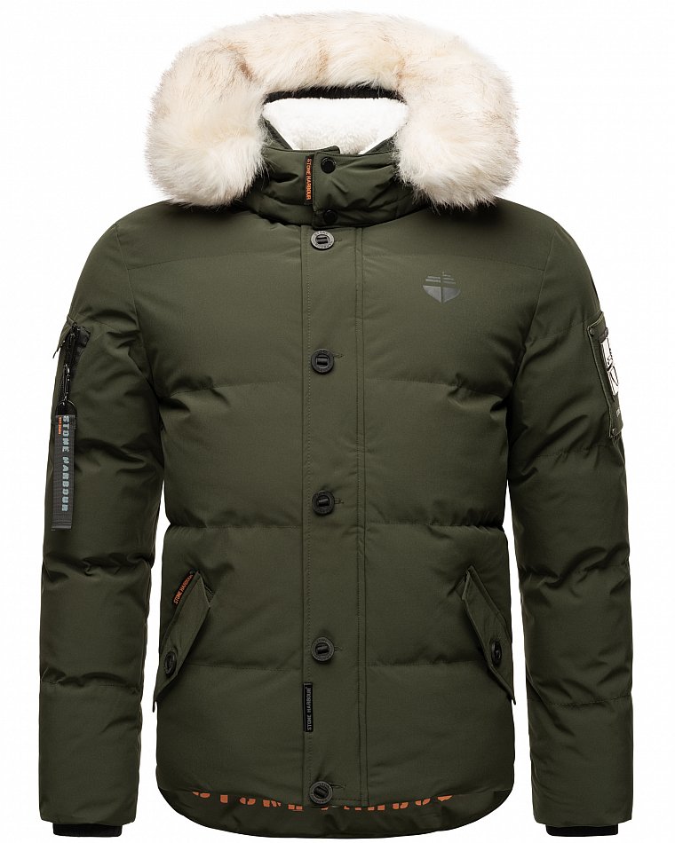 Stone Harbour Halvaar Herren Winterjacke gesteppt Olive mit Weißem Kunstfell Gr. 52 - XL